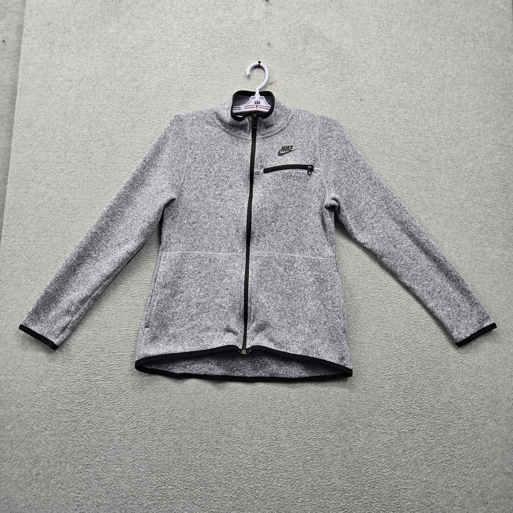 Nike Women Activewear Jacket M Gray Fleece Full Zip Swoosh Logo Mock Neck Pocket